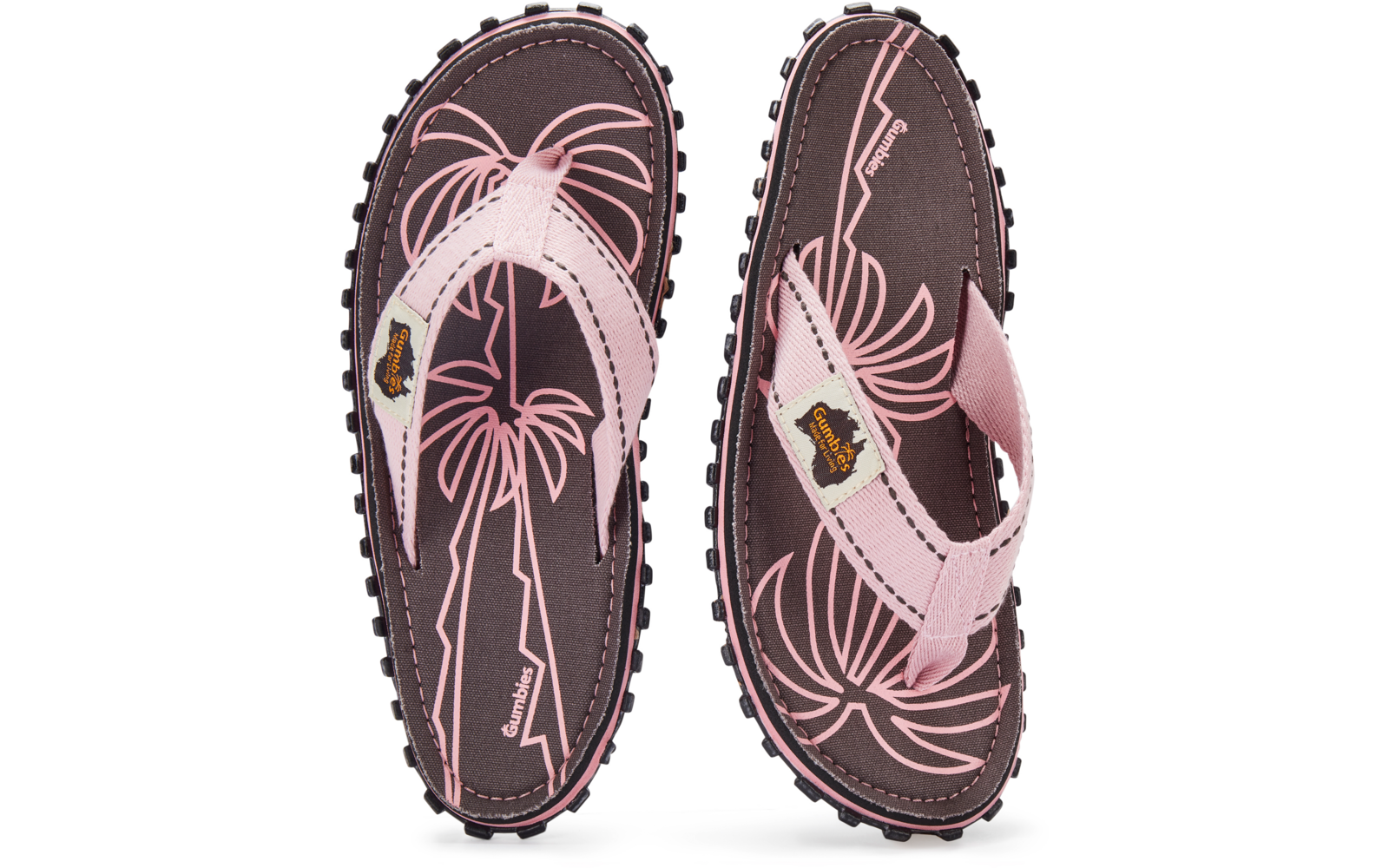 Zwei rosa Zehentrenner mit hellrosa Riemen, dunklem Fußbett mit Palmenmuster und profilierten Sohlen, Draufsicht
