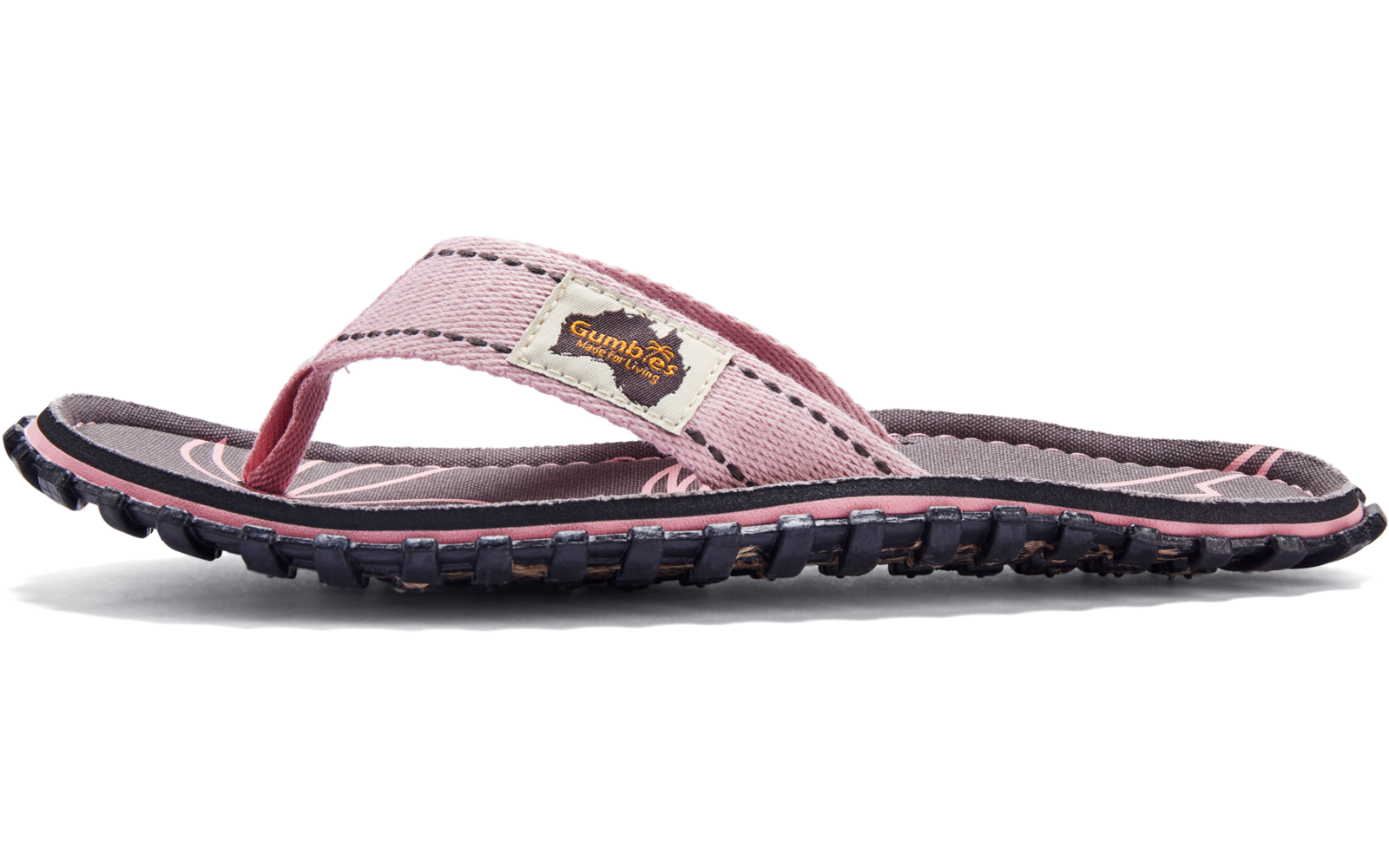 Rosa Zehensteg‑Sandale mit Textilriemen, schwarzer profilierter Gummisohle und kleinem rechteckigem Stofflabel am Riemen