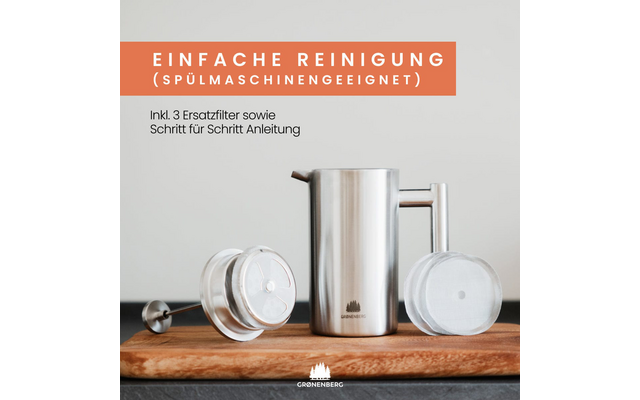 Componentes de una cafetera de émbolo de acero inoxidable (émbolo, jarra, tapa, filtros) sobre una tabla de madera; en la parte superior una franja naranja con texto blanco 'EINFACHE REINIGUNG (SPÜLMASCHINENGEEIGNET)'; abajo a la izquierda texto negro pequeño 'Inkl. 3 Ersatzfilter sowie Schritt für Schritt Anleitung'; en la parte inferior central logo blanco 'GRONENBERG'; fondo gris claro