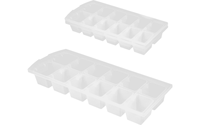 Deux bacs à glaçons en plastique blanc translucide, chacun avec dix alvéoles, sur fond blanc