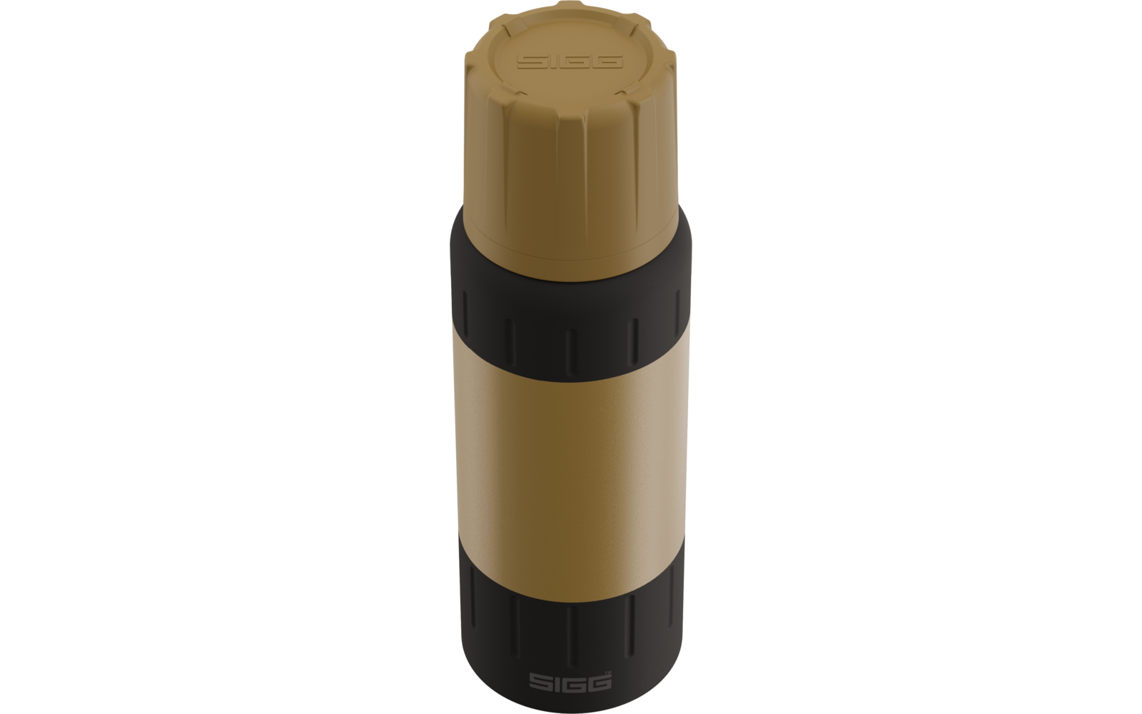 Zylindrische Thermosflasche mit goldfarbenem Körper, schwarzem Boden und mittlerem Band, goldfarbener Schraubdeckel mit geriffelter Oberfläche und eingeprägtem SIGG-Logo