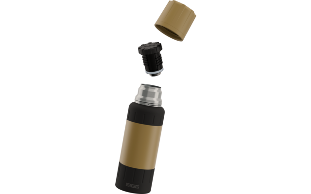 Braun-schwarze Flasche mit abgenommenem Deckel und losem Innenverschluss, alle Teile sichtbar
