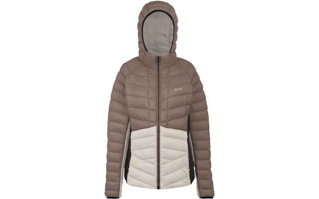 Grau-braune Steppjacke mit Kapuze und Reißverschluss, helle Taschen im unteren Bereich