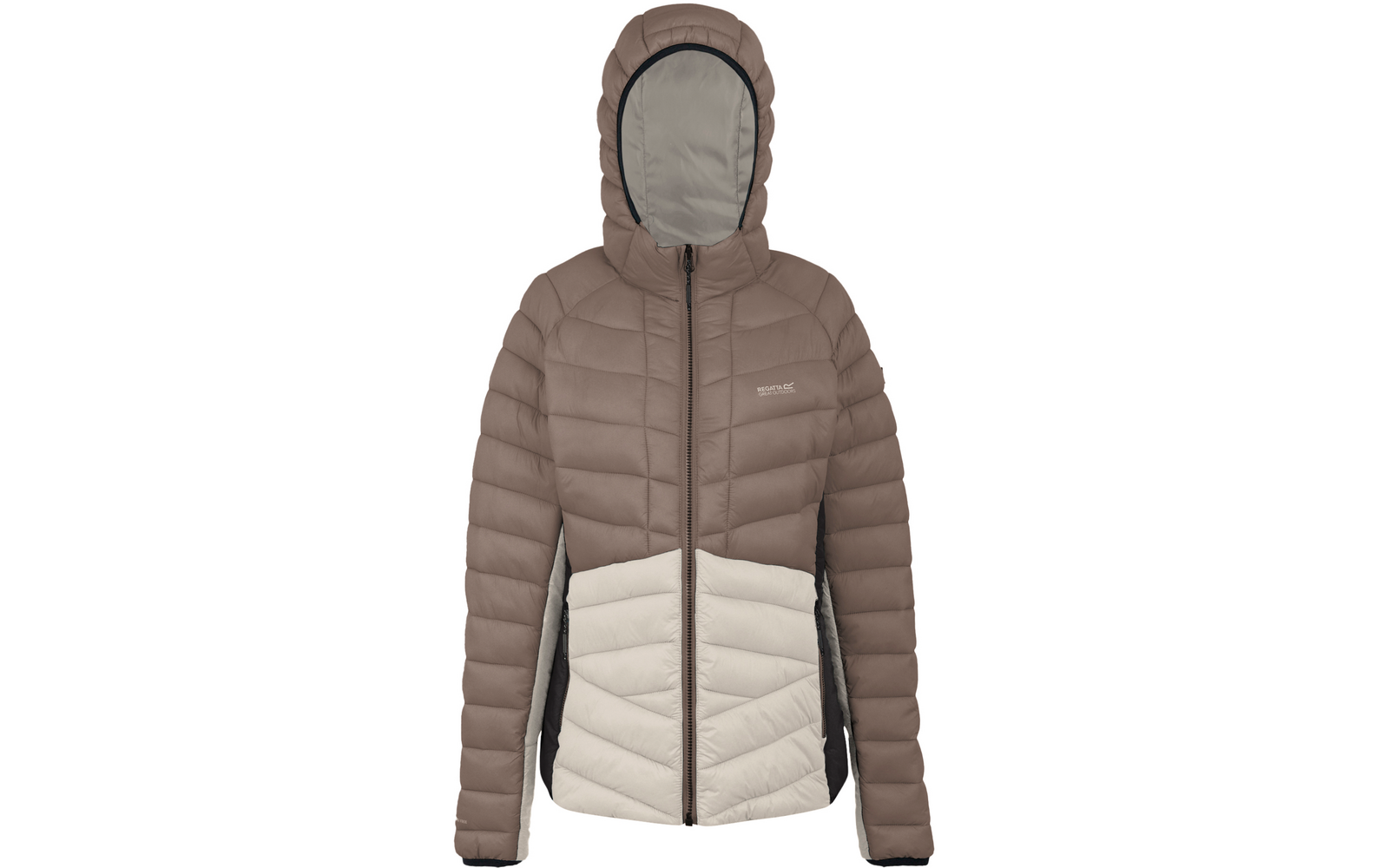 Grau-braune Steppjacke mit Kapuze und Reißverschluss, helle Taschen im unteren Bereich