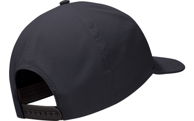 Donkerblauwe snapbackpet, gezien van achter-links, verstelbare kunststofsluiting, gebogen klep