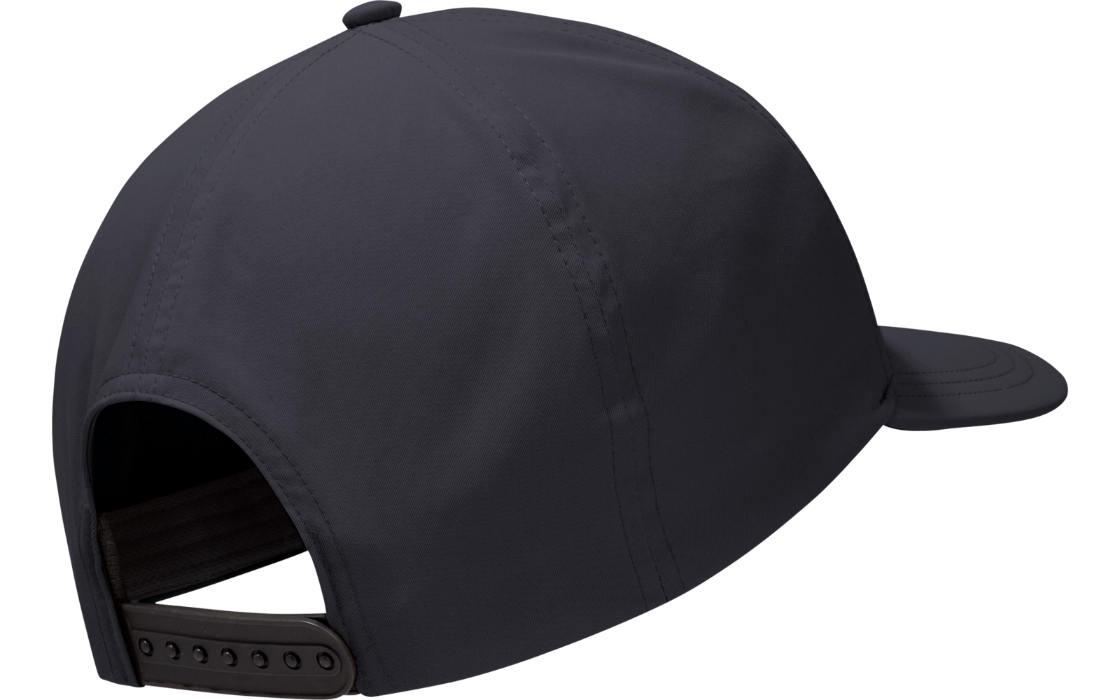 Donkerblauwe snapbackpet, gezien van achter-links, verstelbare kunststofsluiting, gebogen klep