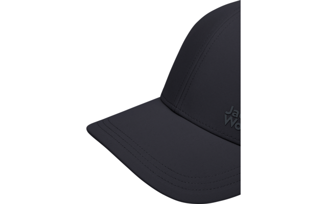 Donkere baseballpet, close-up van de rechtervoorzijde met zichtbare stiksels, gebogen klep en gedeeltelijk zichtbaar logo