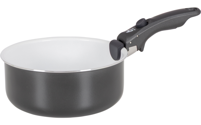 Grauer Kochtopf mit schwarzem Griff, weiß innen