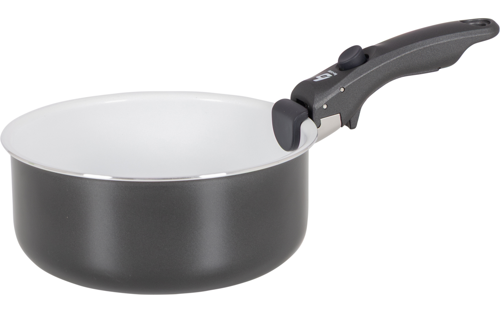 Grauer Kochtopf mit schwarzem Griff, weiß innen