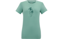 T‑shirt vert clair à encolure ronde, manches courtes et imprimé floral foncé centré sur la poitrine