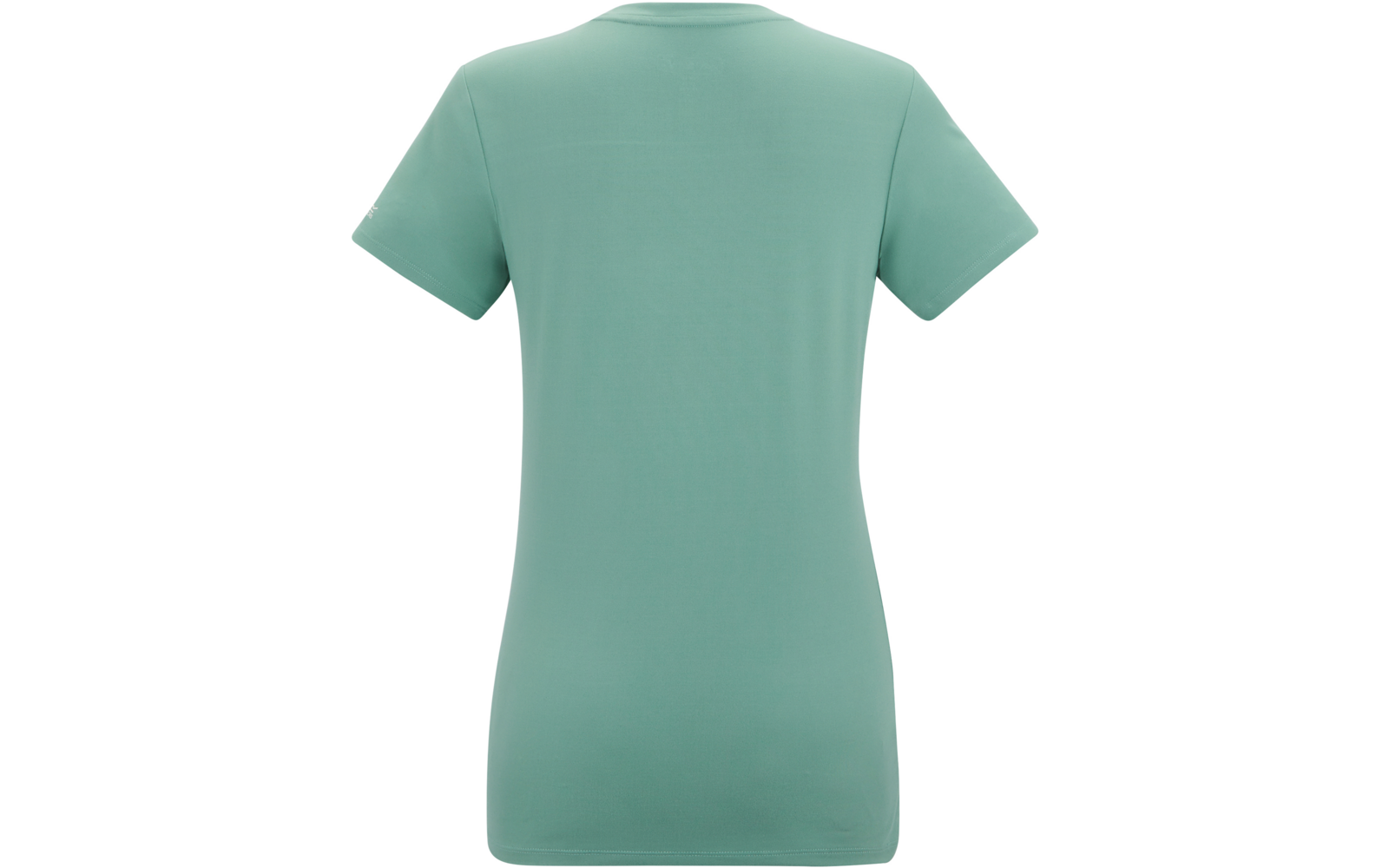 Rückansicht eines einfarbigen mintgrünen Kurzarm-T-Shirts mit Rundhalsausschnitt