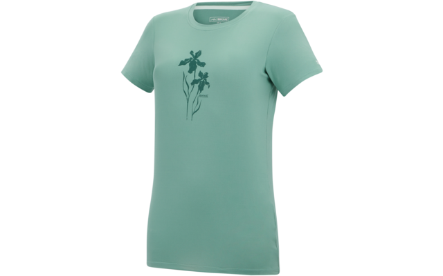 Hellgrünes T-Shirt mit kurzen Ärmeln und Rundhals, dunkles Blumenmotiv mit Stängeln und Blüten auf der Brust, kleines Etikett im Nacken