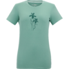 Hellgrünes T‑Shirt mit rundem Halsausschnitt, kurzen Ärmeln und dunkler Blumenzeichnung mittig auf der Brust