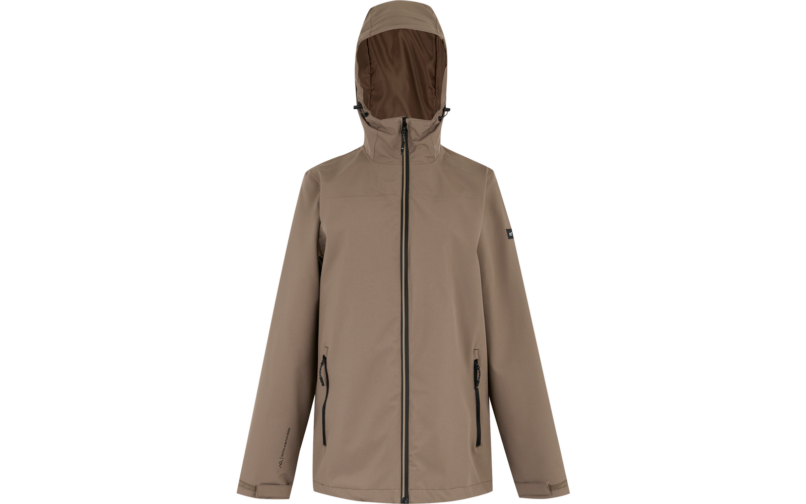 Braune, kapuzenbedeckte Jacke mit Reißverschlüssen an den Taschen