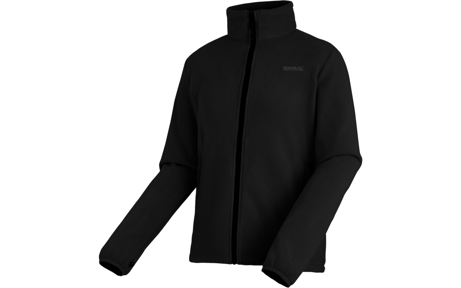 Schwarze Jacke mit Reißverschluss und Stehkragen auf weißem Hintergrund