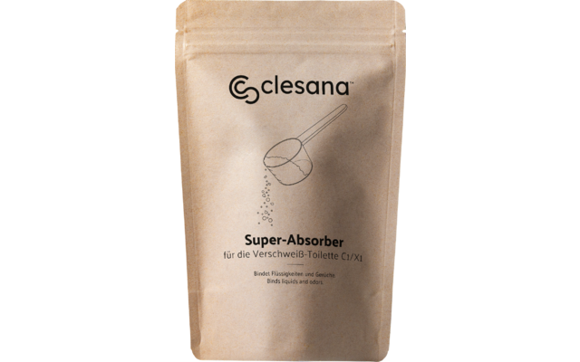 Braune Standbodenverpackung mit Logo "clesana", Illustration einer Schaufel mit rieselnden Körnern, Schriftzug "Super-Absorber", "für die Verschweiß-Toilette C1/X1", "Bindet Flüssigkeiten und Gerüche" und "Binds liquids and odours"
