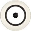 Rundes weißes Objekt mit transluzentem Außenring, schwarzem Innenring und schwarzem mittigem Knopf mit dem Buchstaben 'R'