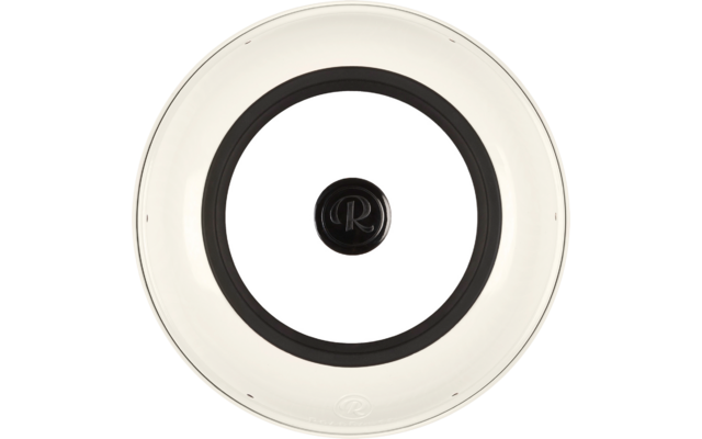 Rundes weißes Objekt mit transluzentem Außenring, schwarzem Innenring und schwarzem mittigem Knopf mit dem Buchstaben 'R'