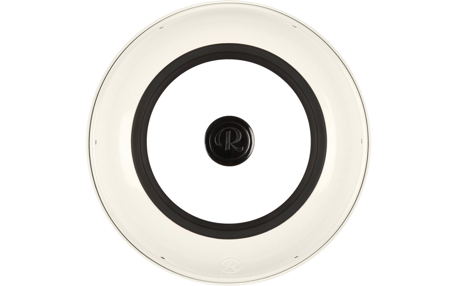 Rundes weißes Objekt mit transluzentem Außenring, schwarzem Innenring und schwarzem mittigem Knopf mit dem Buchstaben 'R'