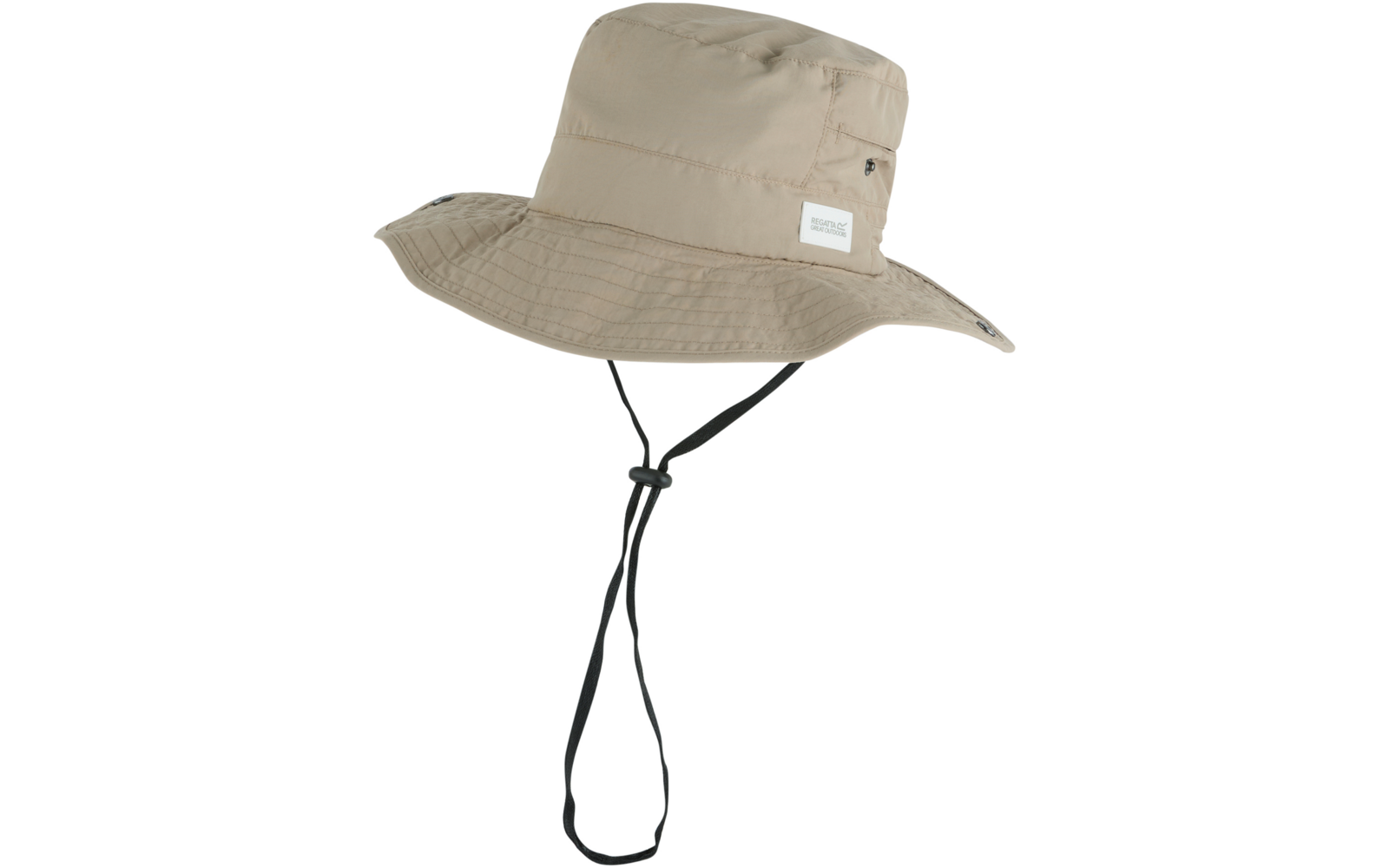 Beiger Hut mit breiter Krempe, schwarzem Kinnband mit Kordelstopper und weißem Etikett an der Seite