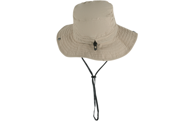 Beiger, breiter Stoffhut mit runder Kappe, gestepptem Rand und schwarzem Kinnband mit Stopper