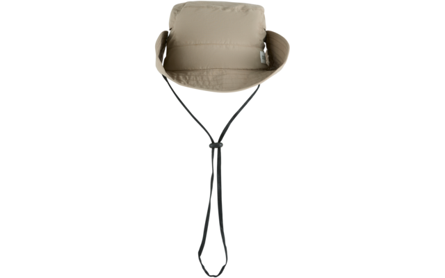 Beiger gesteppter Stoffhut mit breiter Krempe und schwarzem Kinnband, geknotet