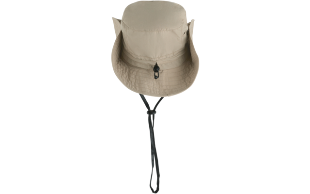 Beiger Stoffhut mit breiter Krempe und schwarzem Kinnband mit Stopper