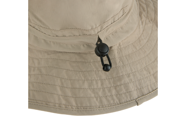 Beiger, breitkrempiger Stoffhut mit sichtbaren Nähten und schwarzem Kordelstopper an einem Kordelzug