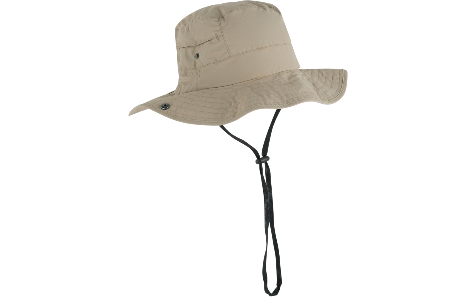 Beiger Hut mit breiter, leicht gewellter Krempe, seitlicher Lasche mit Knopf und schwarzem Kinnband mit Stopper