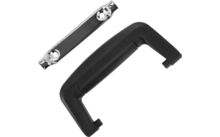 Schwarzer Kunststoffgriff und dazugehörige Metallhalterung auf weißem Hintergrund