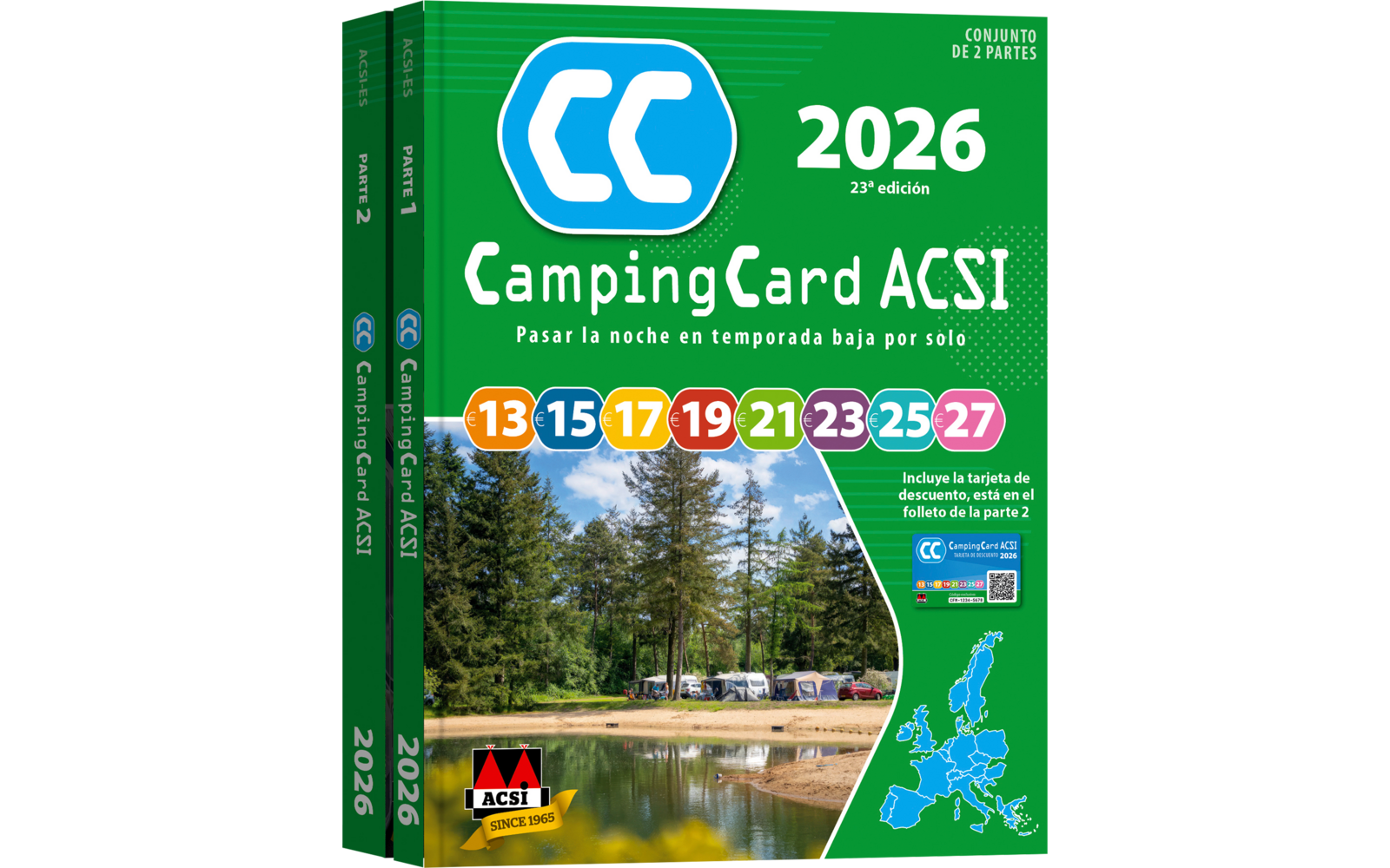 Grüne CampingCard ACSI 2026 mit einem Bild von einem See mit Booten und Bäumen im Hintergrund
