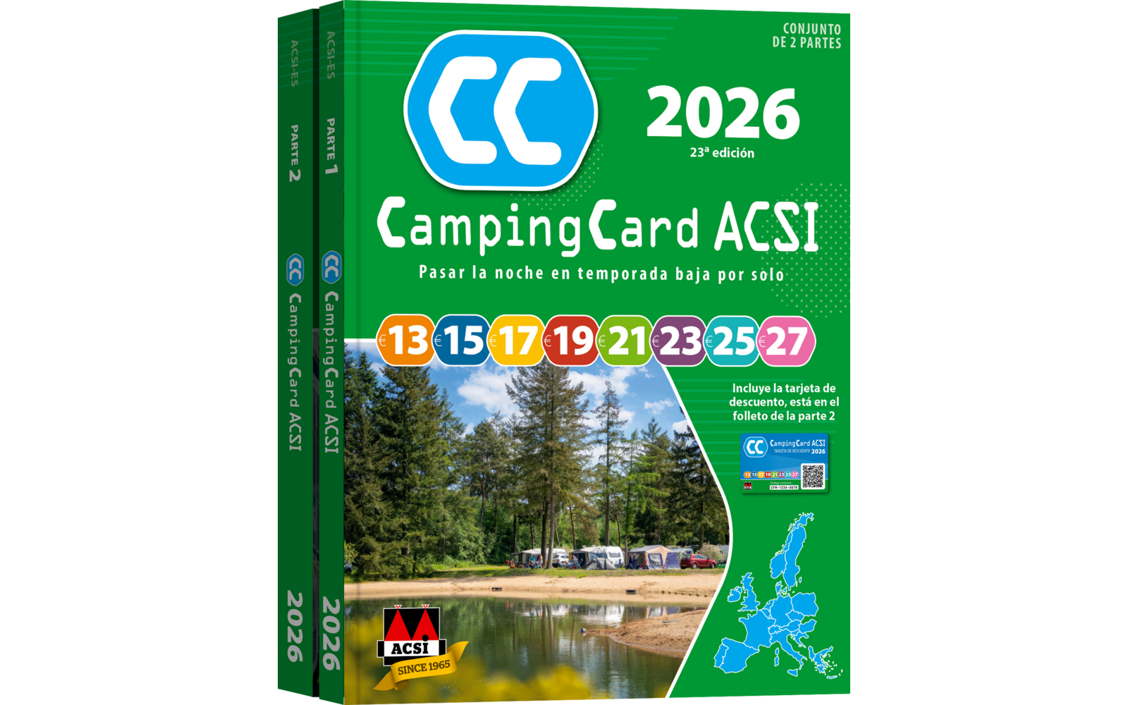 Grüne CampingCard ACSI 2026 mit einem Bild von einem See mit Booten und Bäumen im Hintergrund