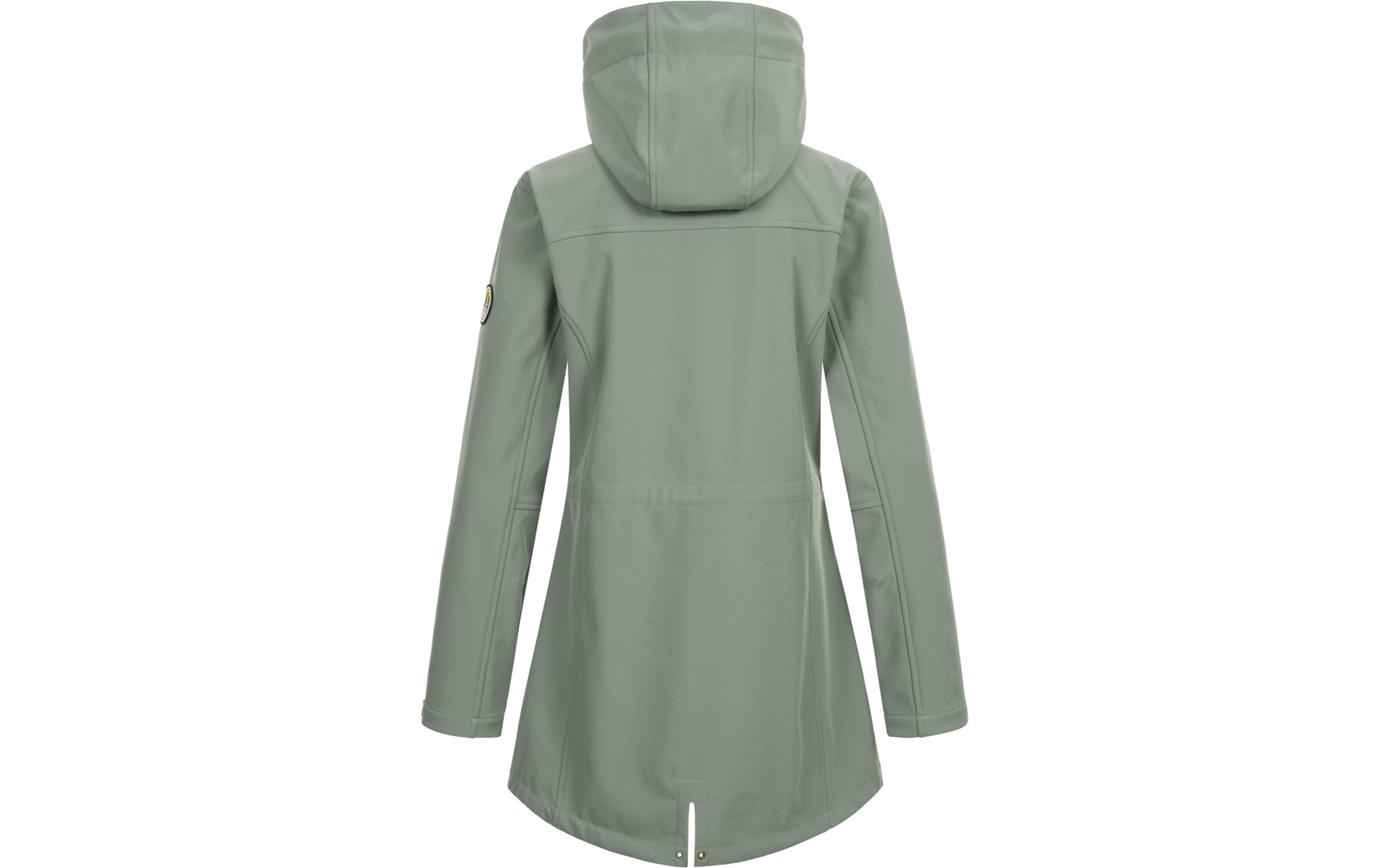 Grüne, lange Regenjacke mit Kapuze von hinten