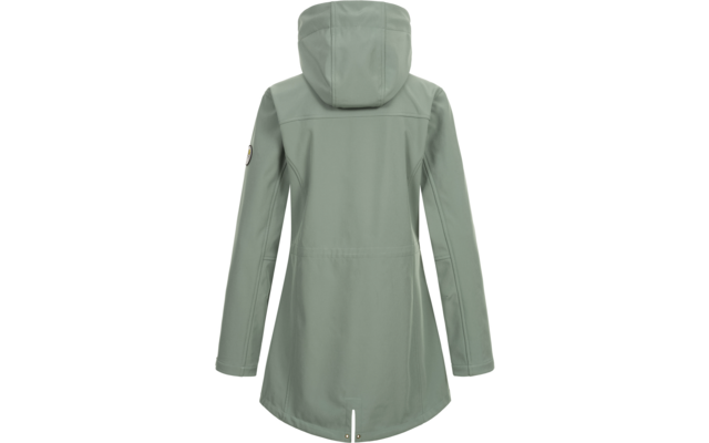 Grüne, lange Regenjacke mit Kapuze von hinten