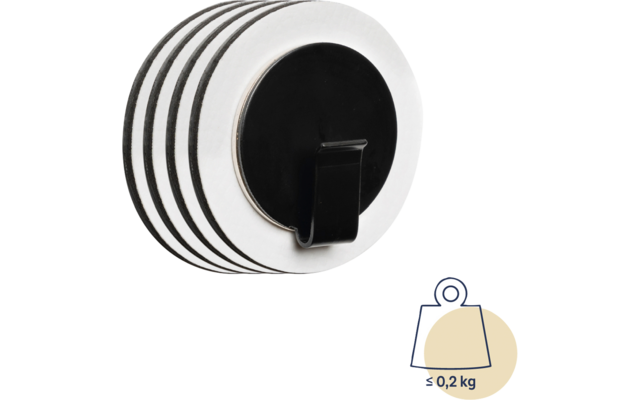 Runder Magnet mit schwarzem Haken und silbernem Rand, daneben Symbol mit Gewicht bis 0,2 kg
