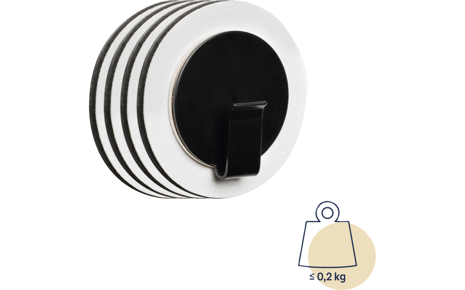 Runder Magnet mit schwarzem Haken und silbernem Rand, daneben Symbol mit Gewicht bis 0,2 kg