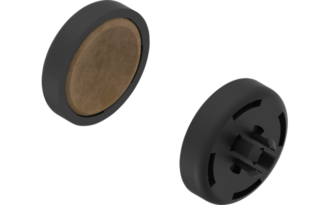Twee ronde zwarte objecten met een bruin oppervlak, één toont de voorkant, de andere de achterkant met bevestigingspinnen
