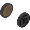 Twee ronde zwarte objecten met een bruin oppervlak, één toont de voorkant, de andere de achterkant met bevestigingspinnen