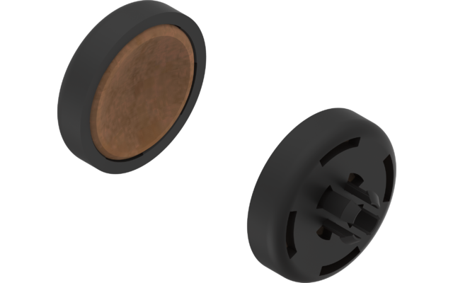 Dos objetos negros redondos con una superficie marrón, uno muestra el lado frontal y el otro el trasero con pasadores de fijación