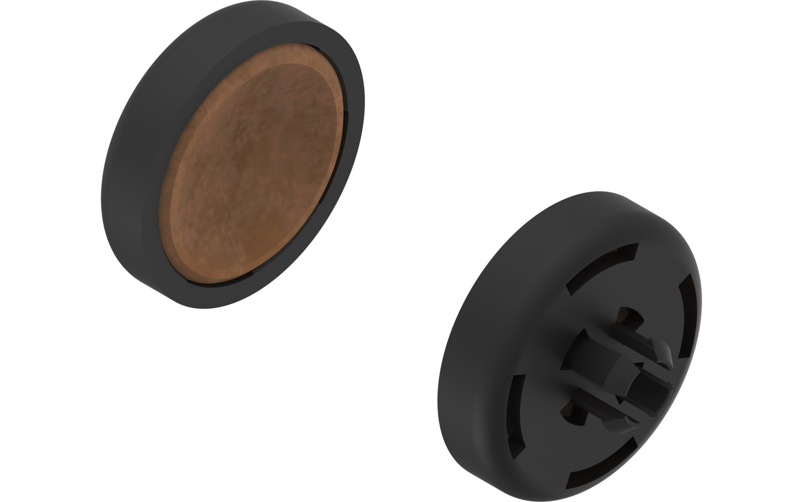Dos objetos negros redondos con una superficie marrón, uno muestra el lado frontal y el otro el trasero con pasadores de fijación