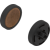 Dos objetos negros redondos con una superficie marrón, uno muestra el lado frontal y el otro el trasero con pasadores de fijación