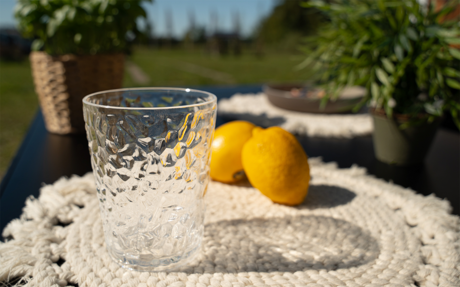 Doorzichtig glas met structuur op een rond wit stoffen onderzetter op een zwarte tafel, twee citroenen erachter, planten in potten op de achtergrond, zonlicht en schaduw