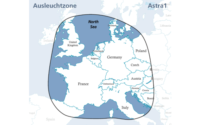 Karte von Teilen Europas mit Ländergrenzen und Beschriftungen (United Kingdom, North Sea, France, Germany, Poland, Czech, Austria, Switzerland, Italy). Dunkel umrandete, schattierte unregelmäßige Fläche über der Karte; oben links 'Ausleuchtzone', obe