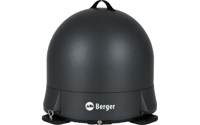 Dark gray dome-shaped housing on a circular base with visible mounting plates, small carry handle on top, white "Berger" logo on the front, and metal fasteners at the base