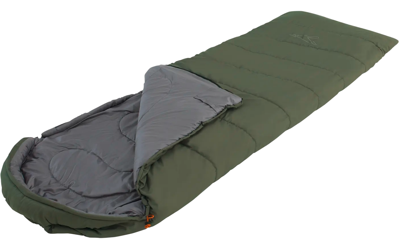 Grüner Schlafsack mit geöffnetem Reißverschluss, auf weißem Hintergrund