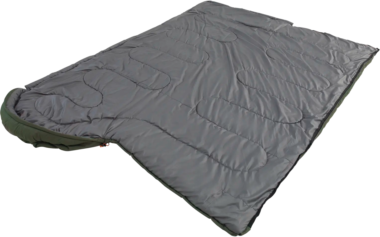 Grau-schwarze geöffnete Daunendecke auf weißem Hintergrund