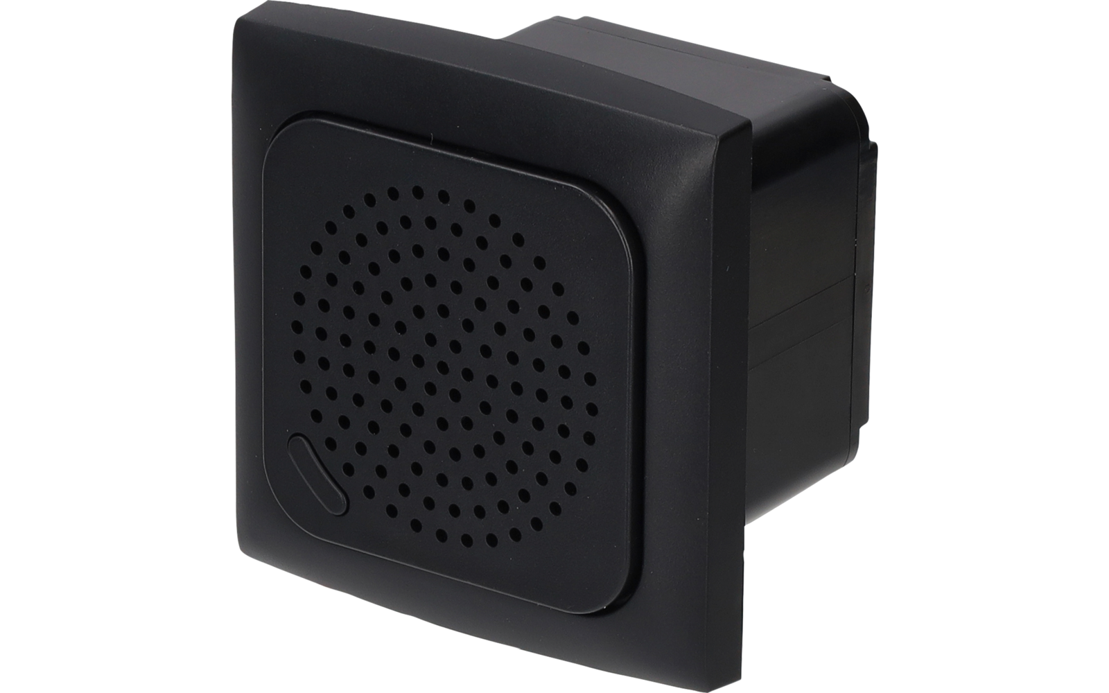 Schwarzes quadratisches Kunststoffgehäuse mit kreisförmigem, punktförmig perforiertem Gitter, kleiner gebogener Einkerbung unten links und sichtbarer rechter Seitenwand