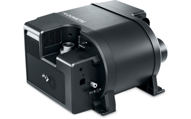 Schwarze industrielle Maschine aus Kunststoff und Metall mit Lüftungsschlitzen und Anschlusskabeln