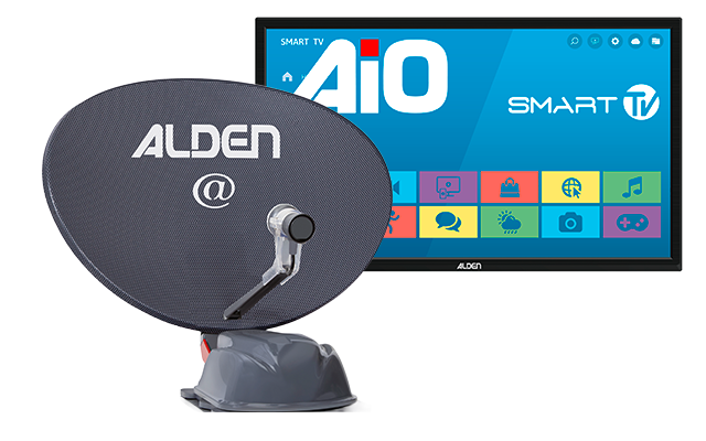 Satellite dish labeled "ALDEN" next to a smart TV showing a home screen with colorful app icons