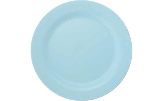 Blauer runder Teller vor weißem Hintergrund